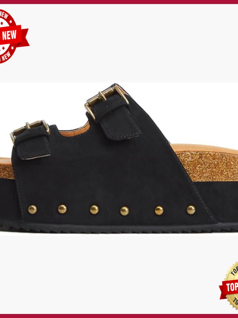 Suede Platform Sandals Cork Footbed Studded Chunky Flatform Slide Buckle Straps